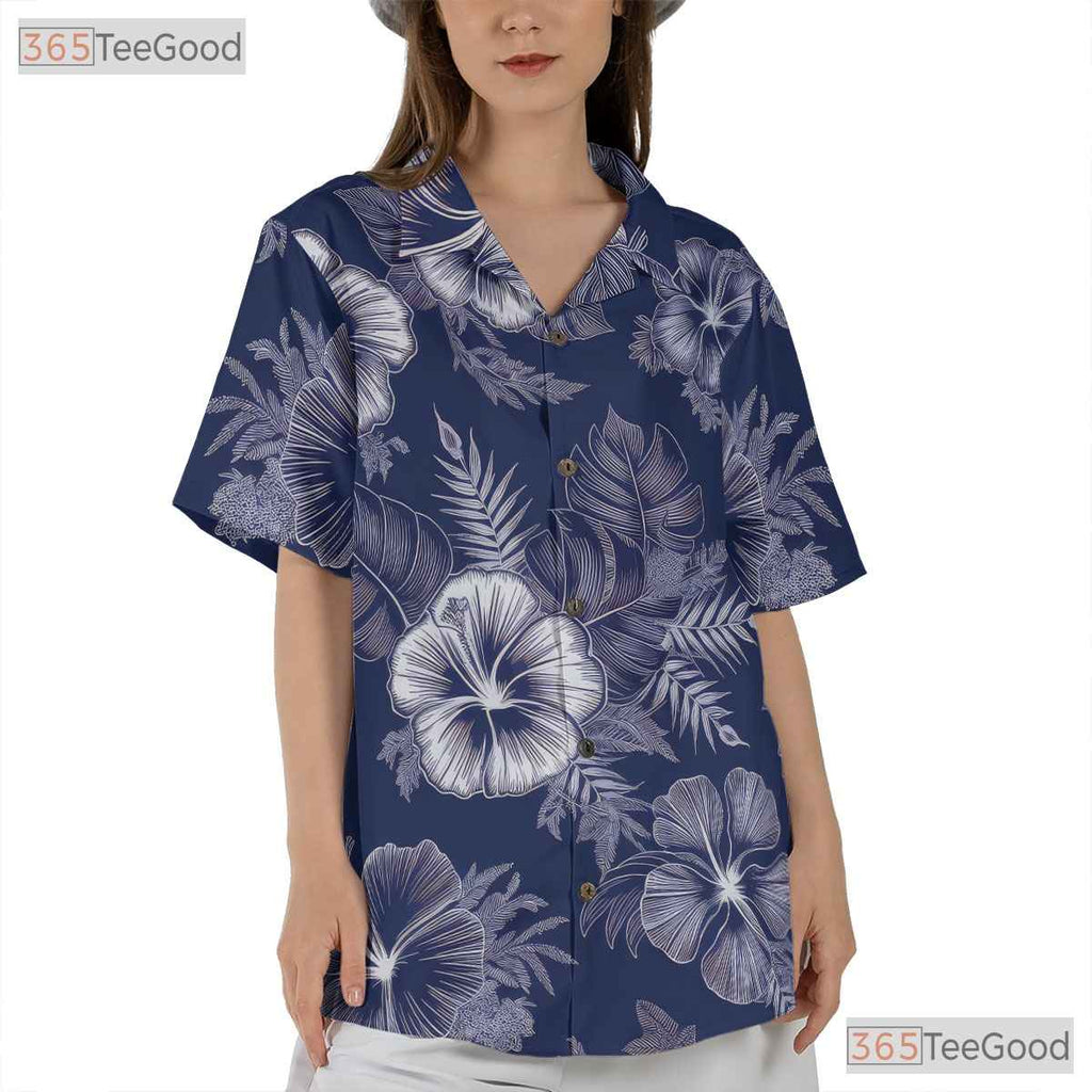 Classic Blue White Floral Hawaiian Shirt - Aloha Beachwear Women S to 5XL