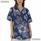 Blue White Hibiscus Hawaiian Tee - Tropical Aloha Beachwear Adults S to 5XL