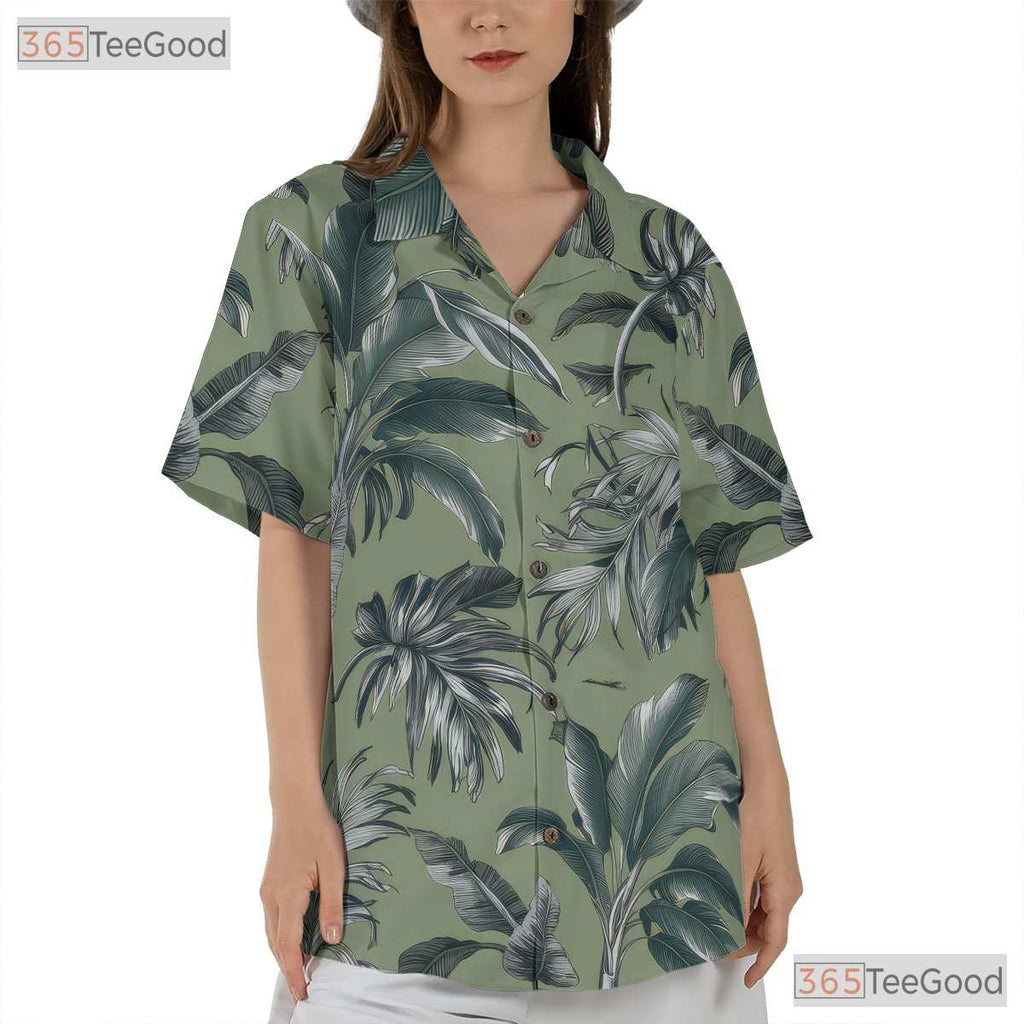 Sage Green Palm Leaf Hawaiian Tee - White Aloha Tropical Beach Men S-5XL