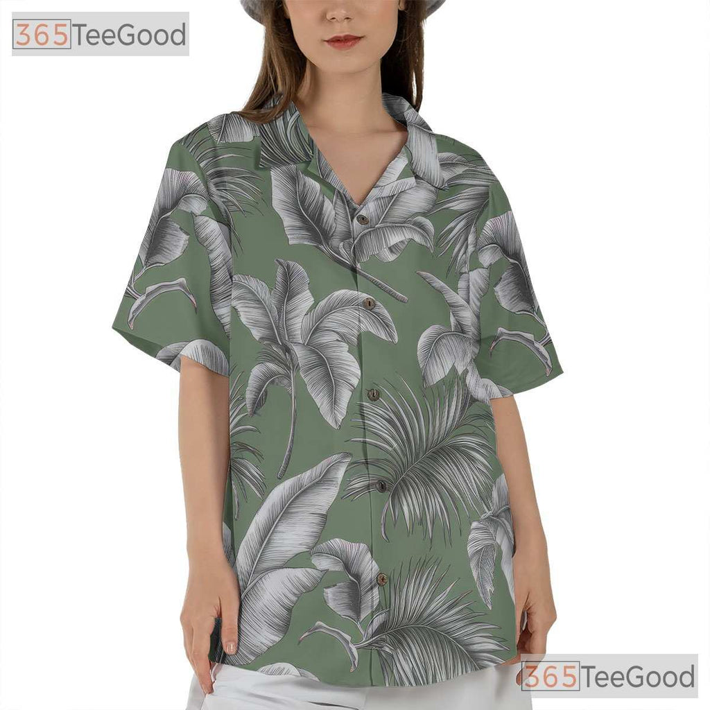Sage Green Palm Leaf Hawaiian Shirt - Classic Aloha Beach Style Women S-5XL