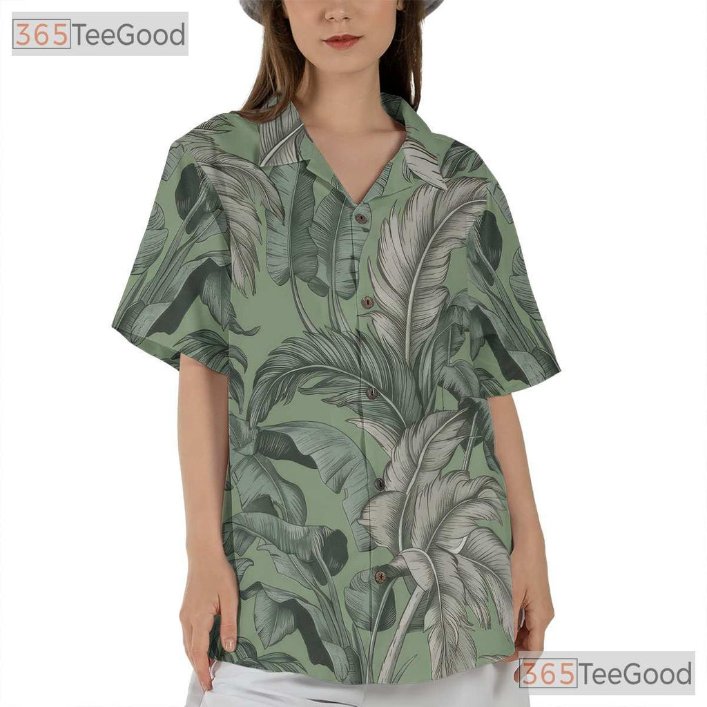 Sage Green White Palm Leaf Hawaiian Tee - Vintage Tropical Aloha Unisex