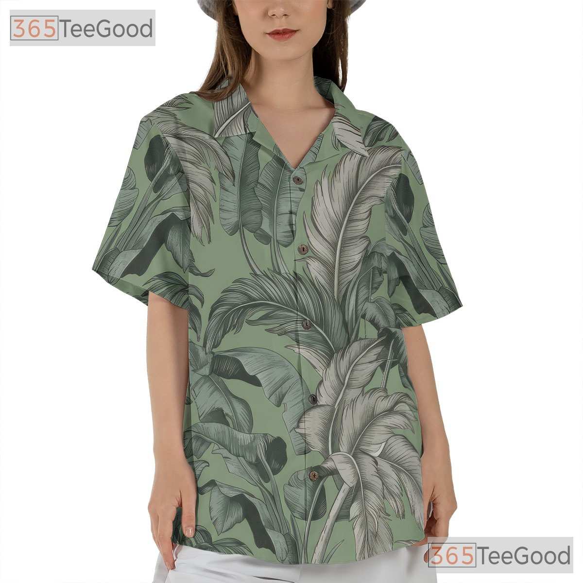 Sage Green White Palm Leaf Hawaiian Tee - Vintage Tropical Aloha Unisex