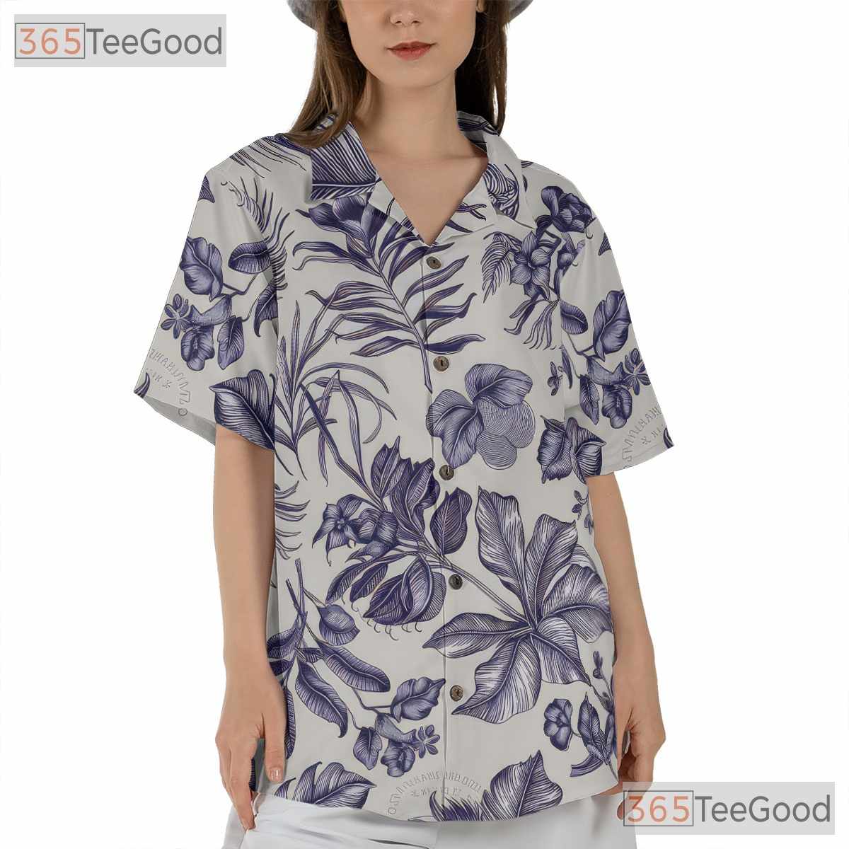 White Blue Floral Hawaiian Tee - Classic Beach Aloha Party Adults S to 5XL