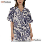 White Blue Tropical Floral Hawaiian Tee - Vintage Aloha Print Women S-5XL