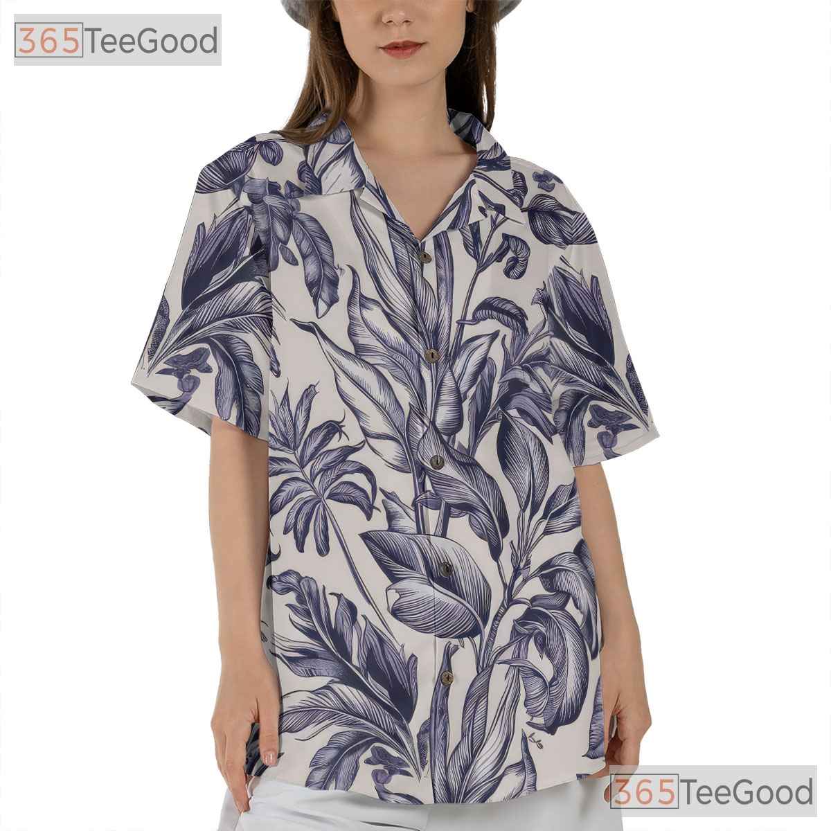 White Blue Tropical Floral Hawaiian Tee - Vintage Aloha Print Women S-5XL