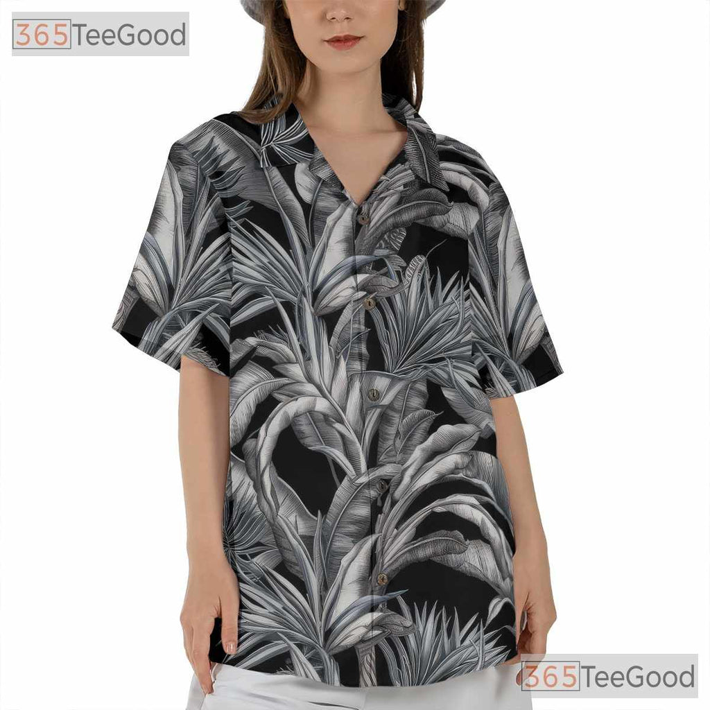 Black White Palm Leaf Hawaiian Shirt - Vintage Aloha Tropical Men S-5XL