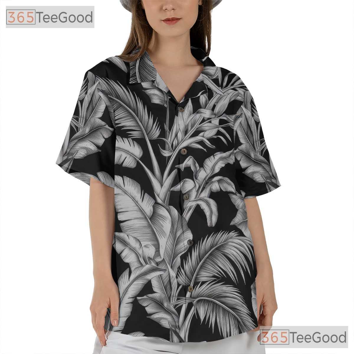Black White Palm Leaf Hawaiian Tee - Classic Aloha Island Style Women S-5XL