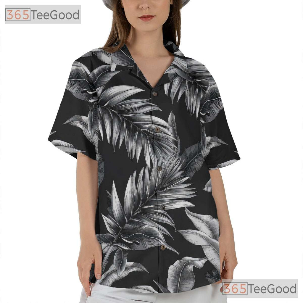 Tropical Palm Leaf Hawaiian Shirt - Black White Vintage Aloha Print Adults