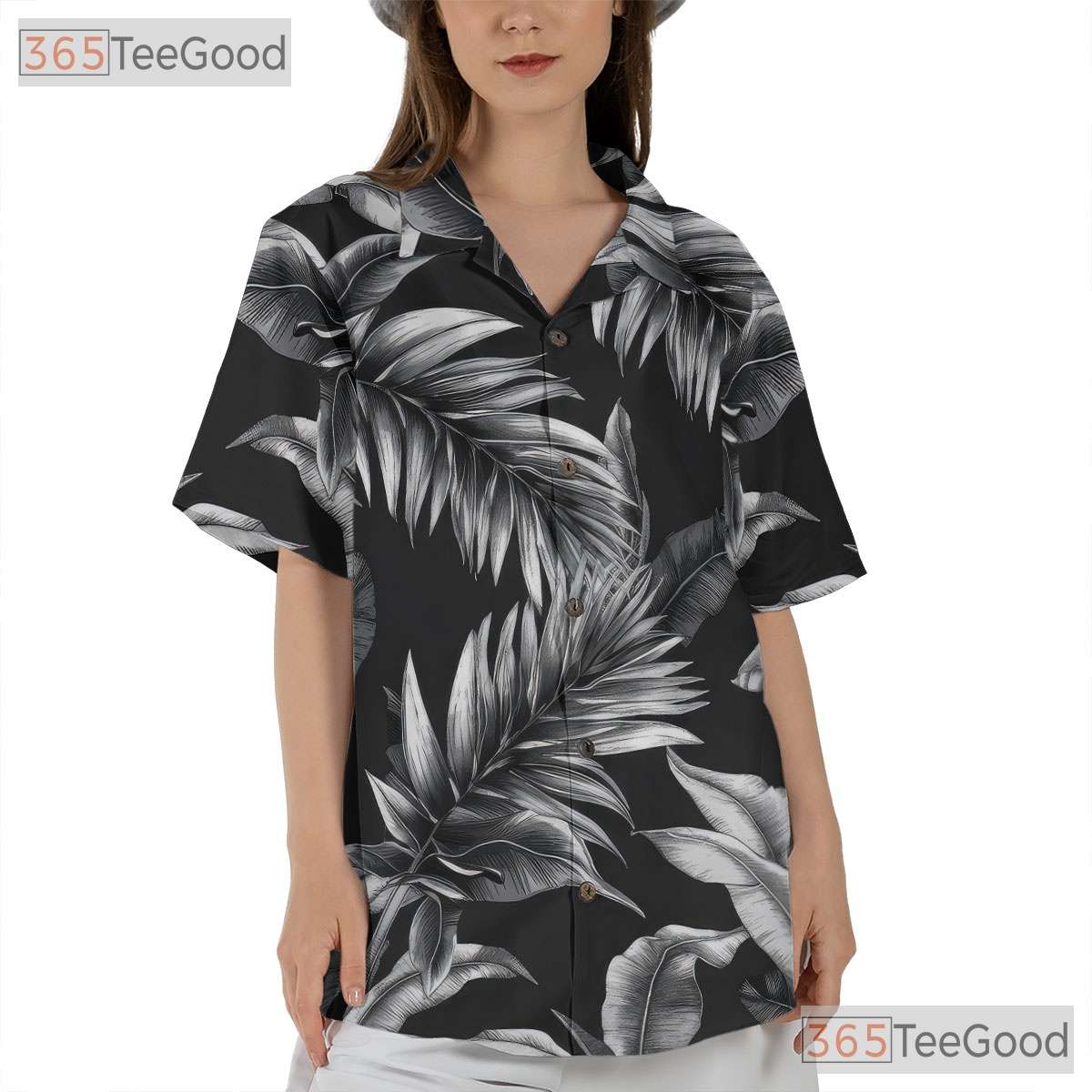 Tropical Palm Leaf Hawaiian Shirt - Black White Vintage Aloha Print Adults