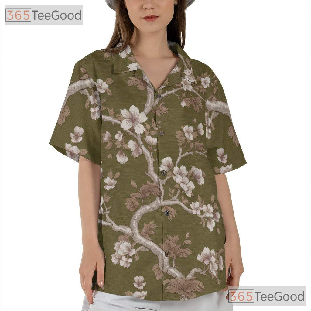 Olive Green Cherry Blossom Hawaiian Shirt - Unisex Floral Aloha Tee