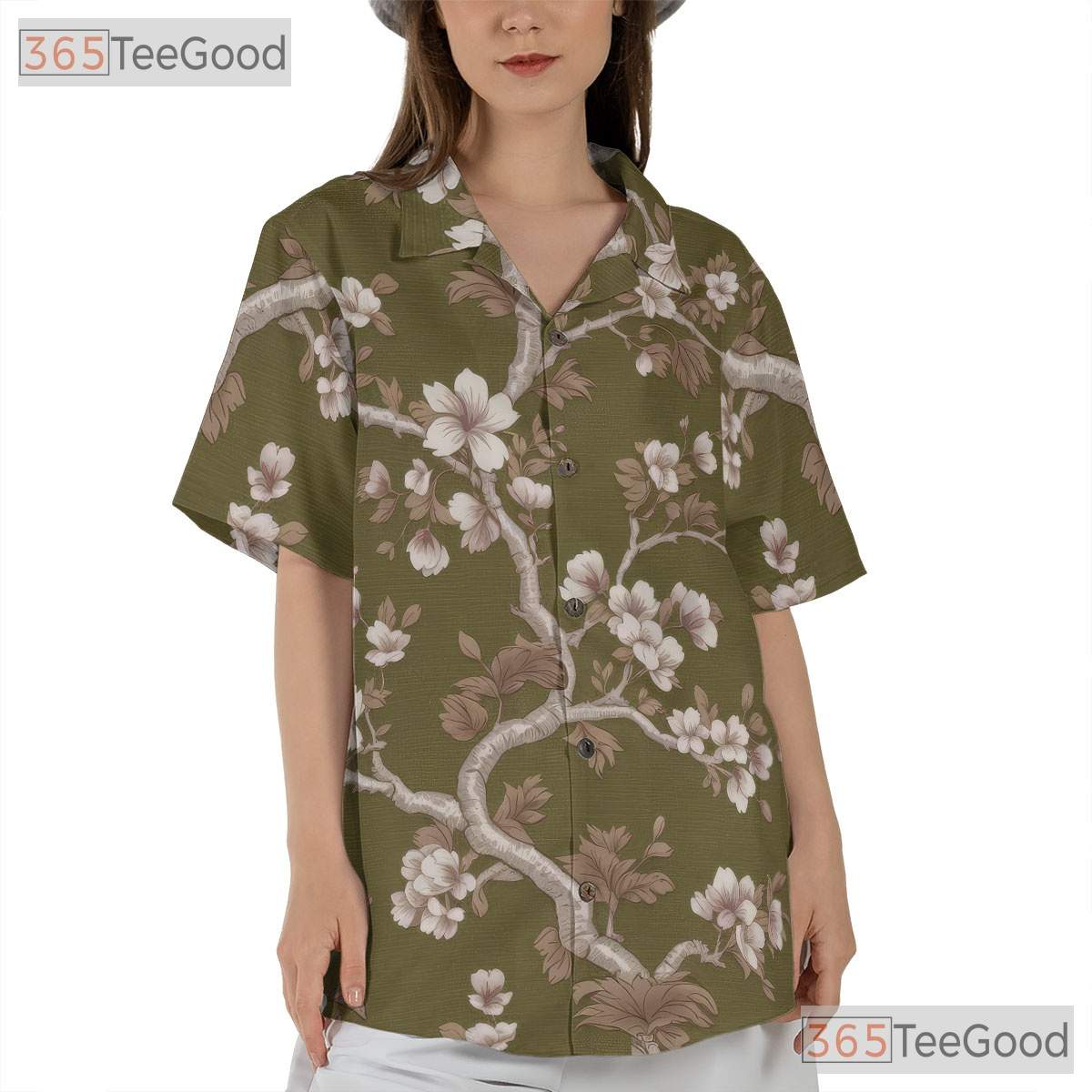 Olive Green Cherry Blossom Hawaiian Shirt - Unisex Floral Aloha Tee