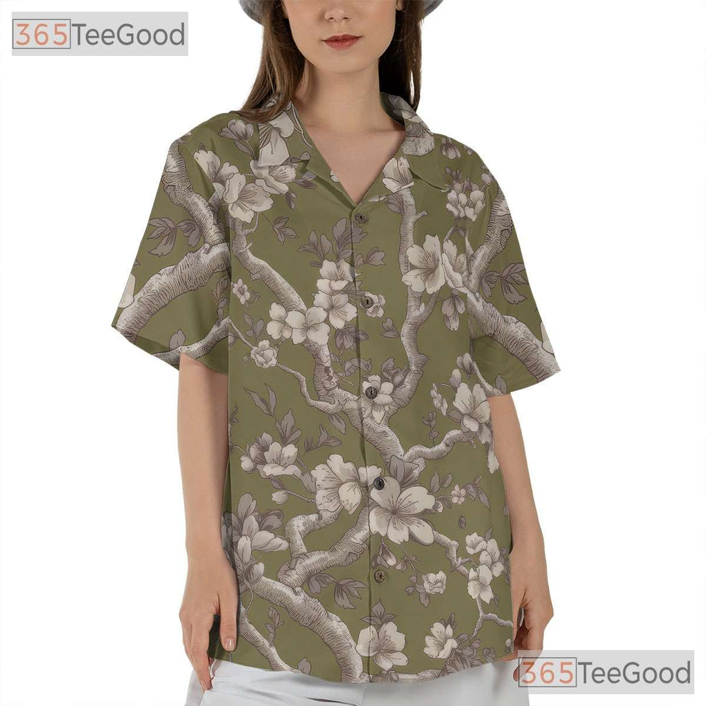 Retro Olive Cherry Blossom Aloha Shirt - Men's Floral Hawaiian Tee