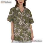 Vintage Olive Green Floral Hawaiian Shirt - Cherry Blossom Top for Women