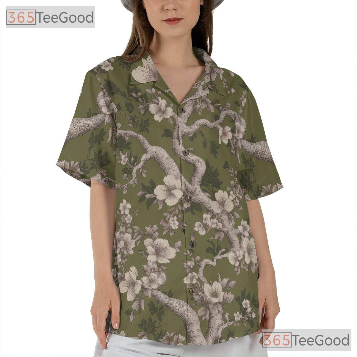 Vintage Olive Green Floral Hawaiian Shirt - Cherry Blossom Top for Women