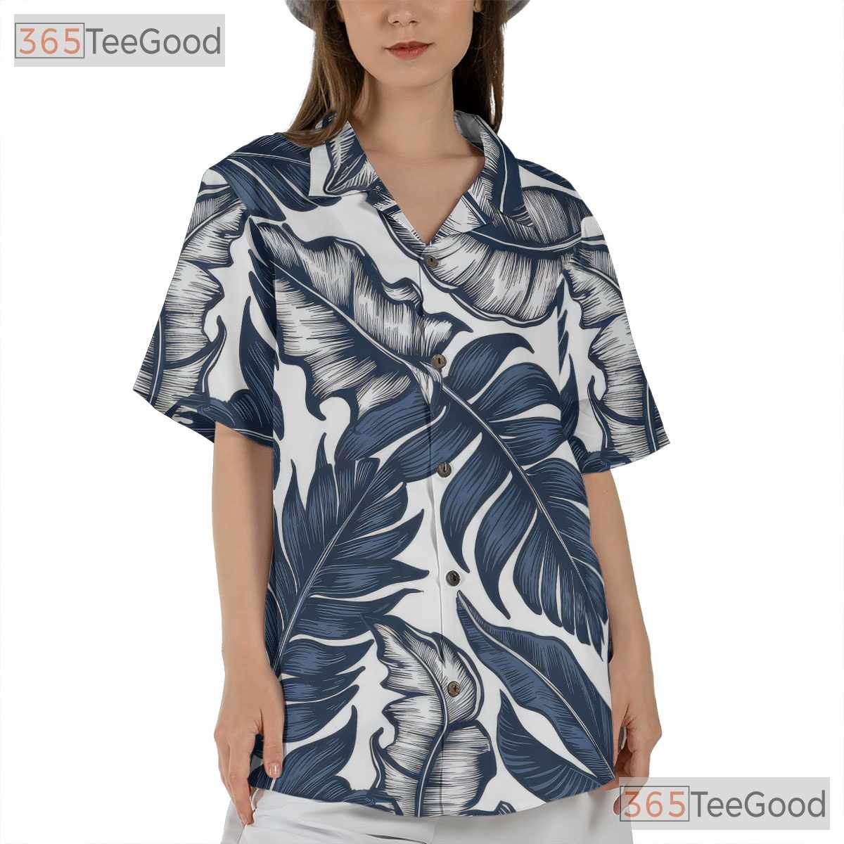 White & Navy Blue Palm Leaf Hawaiian Shirt - Tropical Aloha Tee for Adults