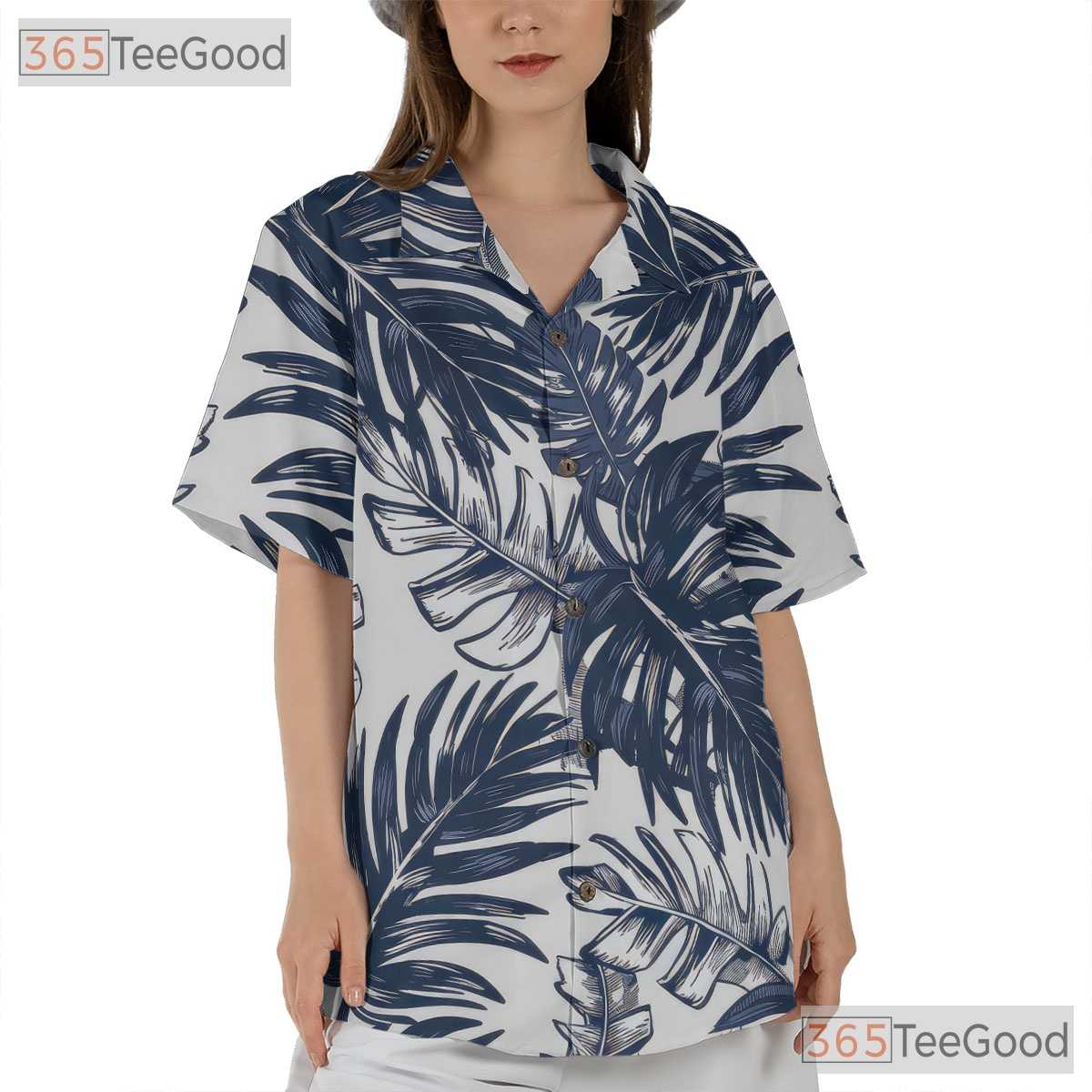 Navy White Palm Leaf Aloha Shirt - Men's Tropical Beachwear Hawaiian Tee