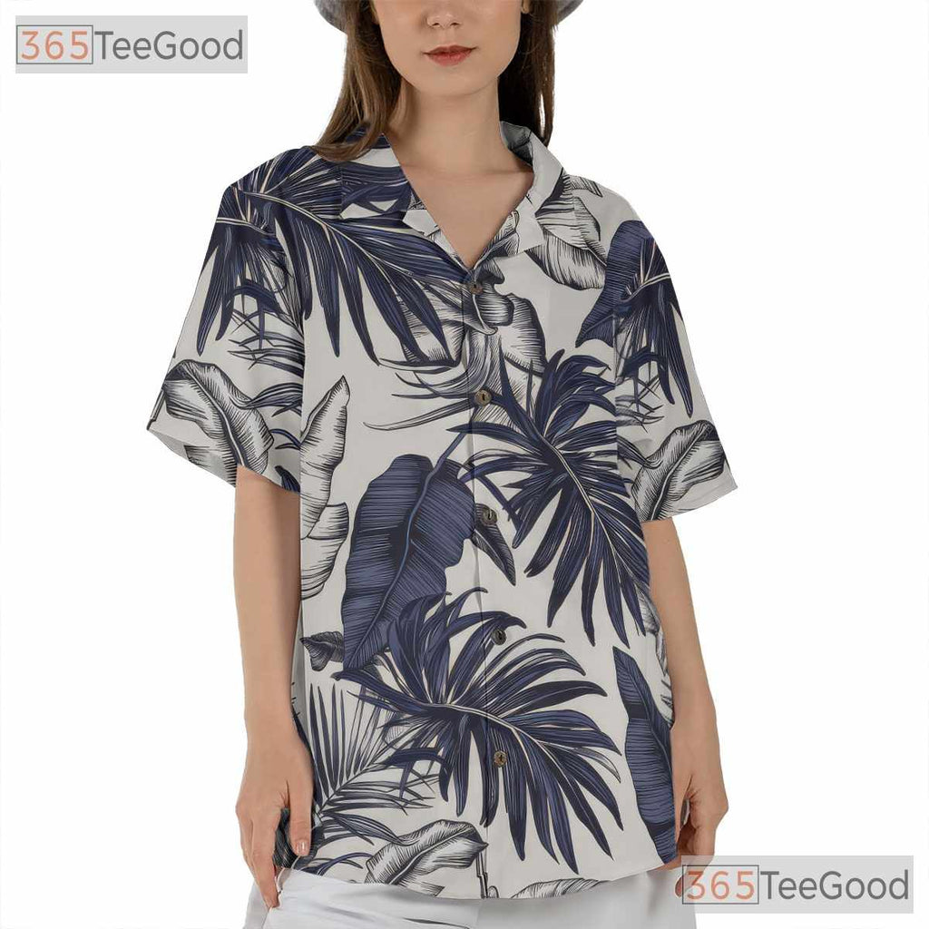 Tropical White & Navy Hawaiian Shirt - Women's Palm Leaf Summer Aloha Tee