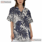 Tropical White & Navy Hawaiian Shirt - Women's Palm Leaf Summer Aloha Tee
