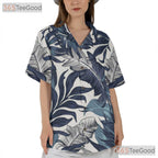 Retro Palm Leaf Hawaiian Shirt - Navy & White Unisex Beach Vacation Tee