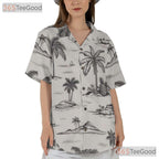 Tropical Island Palm Tree Hawaiian Shirt - White & Black Aloha Tee For Women