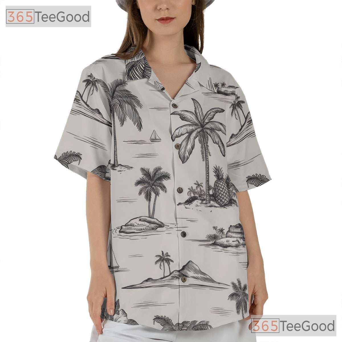Tropical Island Palm Tree Hawaiian Shirt - White & Black Aloha Tee For Women