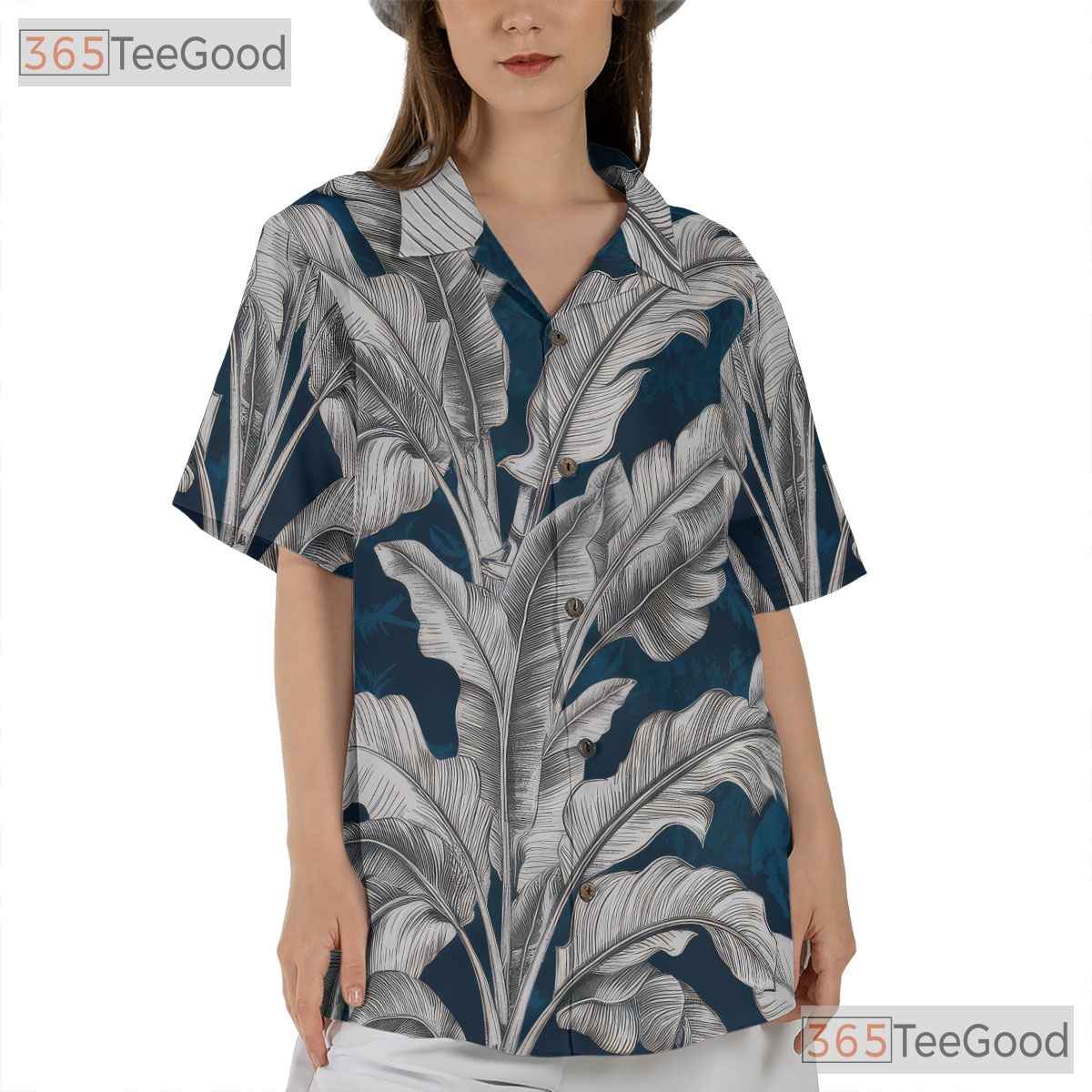 Classic Navy Palm Leaf Hawaiian Shirt - Women's Tropical Beachwear Tee