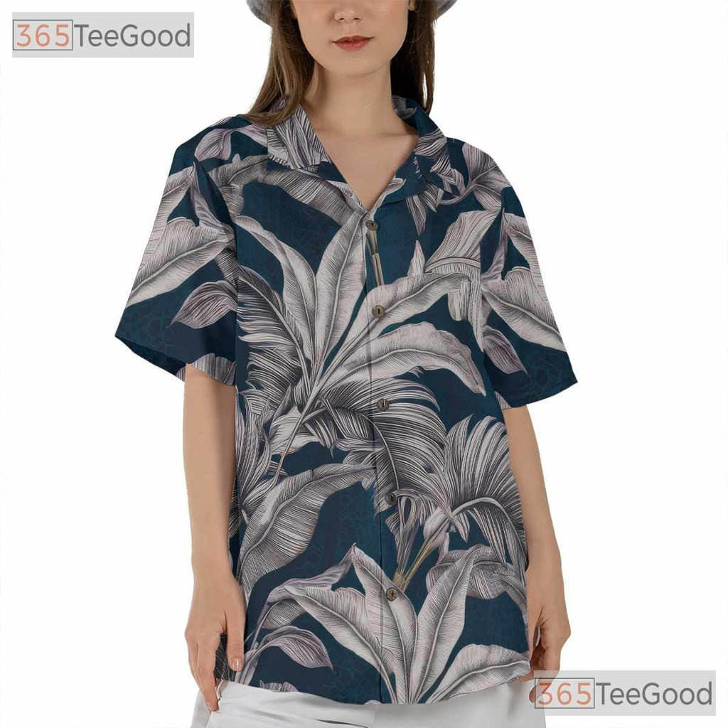 Retro Navy & White Palm Leaf Aloha Shirt - Unisex Tropical Hawaiian Tee