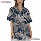 Retro Navy & White Palm Leaf Aloha Shirt - Unisex Tropical Hawaiian Tee