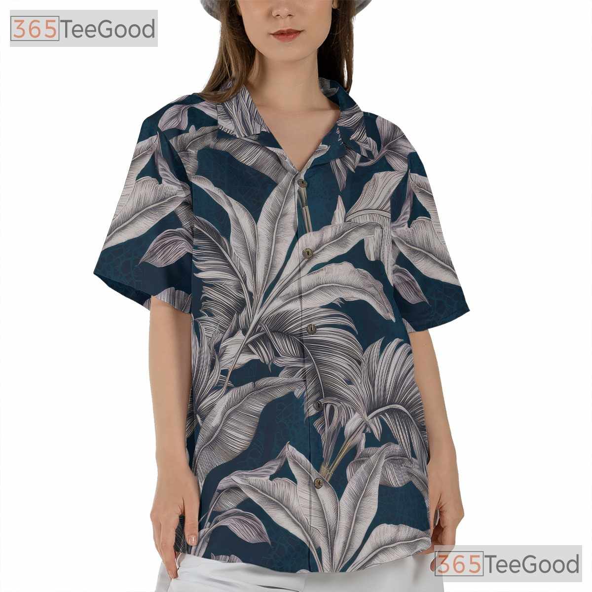 Retro Navy & White Palm Leaf Aloha Shirt - Unisex Tropical Hawaiian Tee