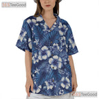 Blue Hibiscus Floral Aloha Shirt - Women's Tropical Print Beachwear Tee
