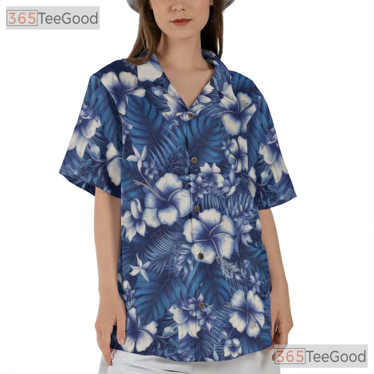 Blue Hibiscus Floral Aloha Shirt - Women's Tropical Print Beachwear Tee