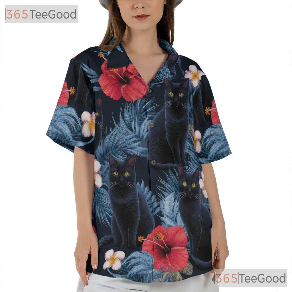 Unisex Black Cat Hawaiian Tee - Tropical Jungle Floral Shirt