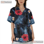 Unisex Black Cat Hawaiian Tee - Tropical Jungle Floral Shirt