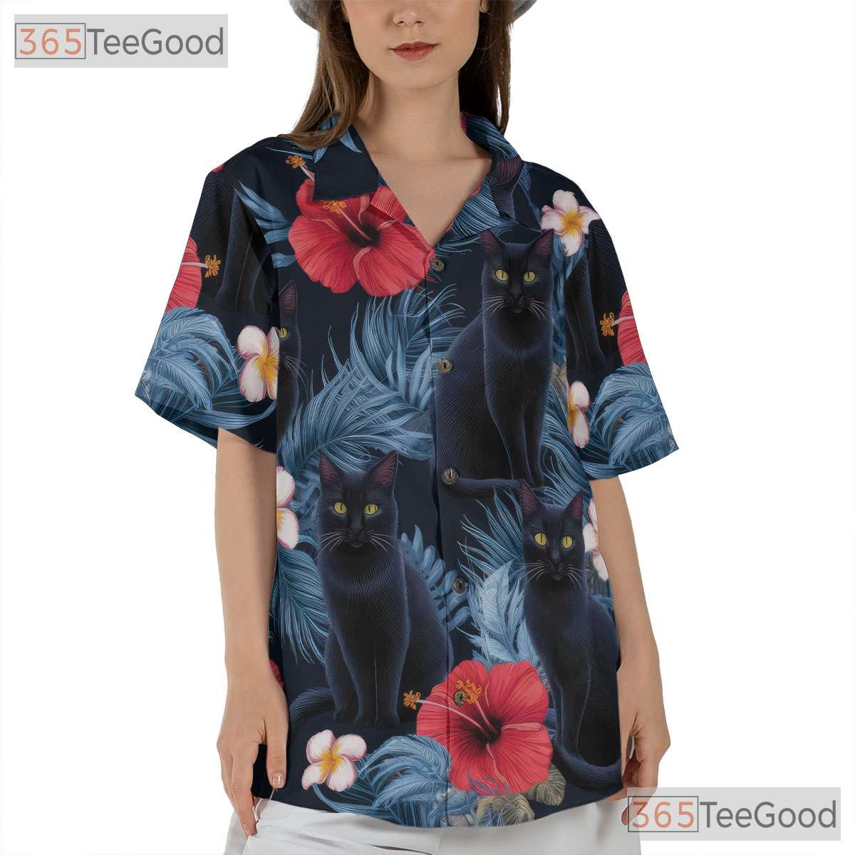 Unisex Black Cat Hawaiian Tee - Tropical Jungle Floral Shirt