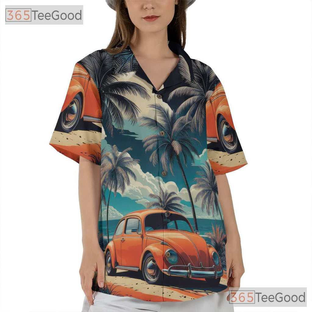 Vintage Beach Car Hawaiian Tee - Unisex Tropical Sunset Shirt