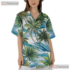 Blue Ocean Palm Hawaiian Shirt for Women - Tropical Waves Vacation Tee