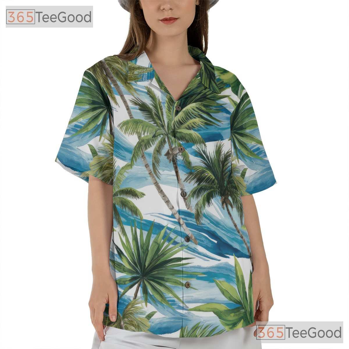 Blue Ocean Palm Hawaiian Shirt for Women - Tropical Waves Vacation Tee
