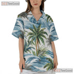 Vintage Palm Leaf & Waves Hawaiian Shirt - Adult Aloha Beach Vacation Tee