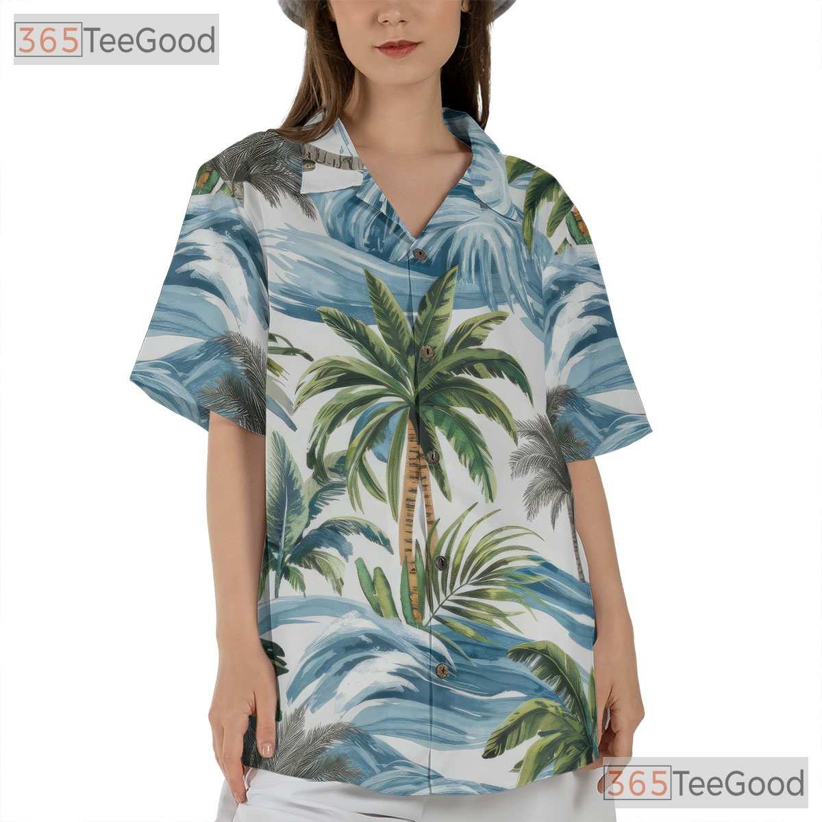 Vintage Palm Leaf & Waves Hawaiian Shirt - Adult Aloha Beach Vacation Tee