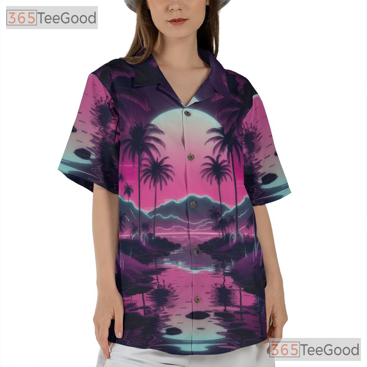 Retro Vaporwave Hawaiian Shirt for Men - Neon Sunset Palm Tree Aesthetic