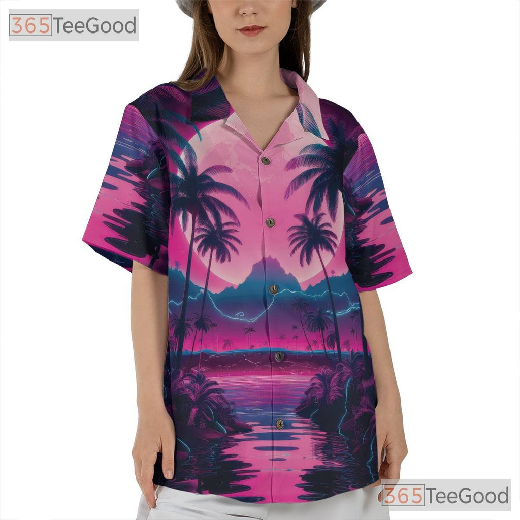 Neon Palm Tree Hawaiian Tee for Women - Retro Sunset Aesthetic Beach Style