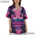 Neon Palm Tree Hawaiian Tee for Women - Retro Sunset Aesthetic Beach Style