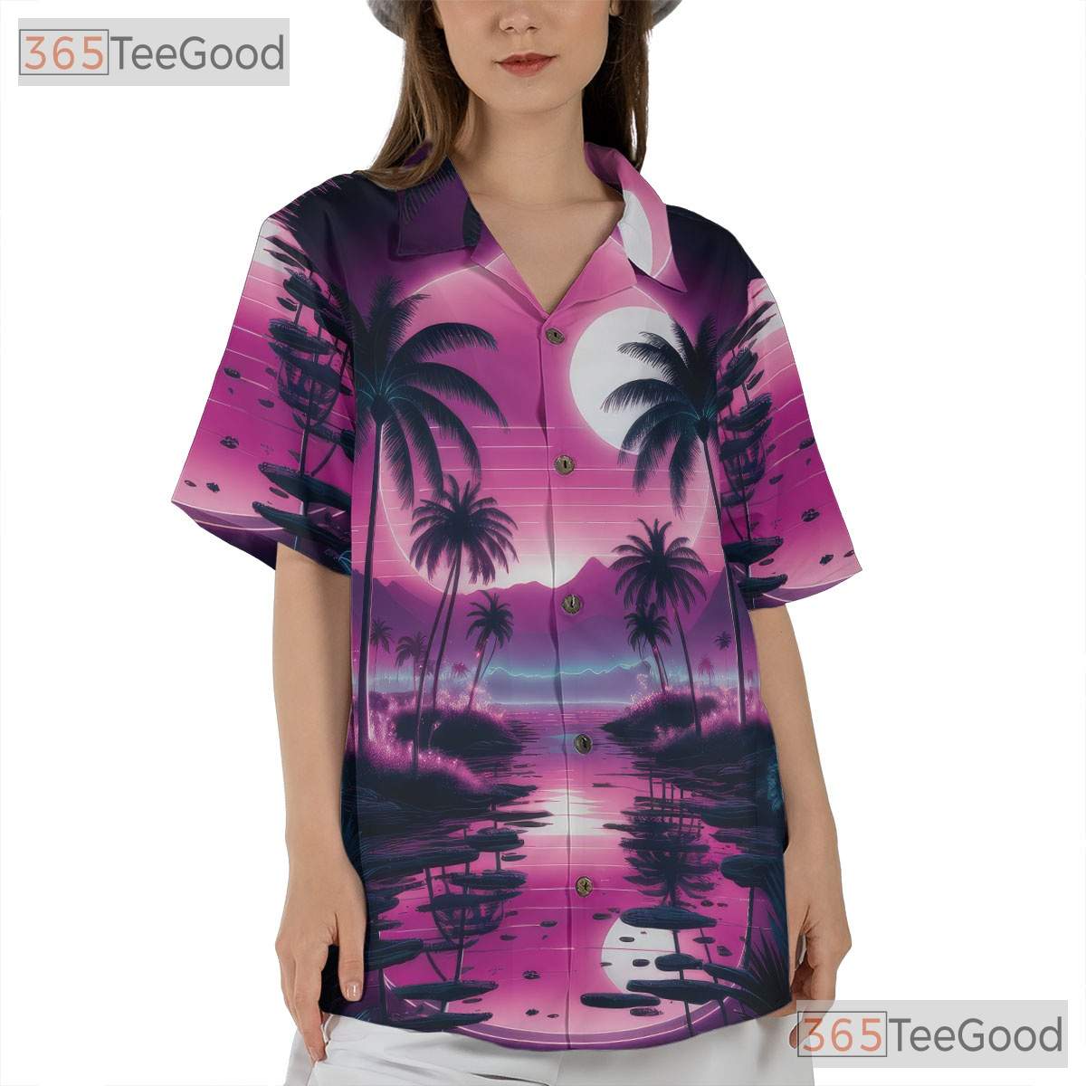 Unisex Vaporwave Hawaiian Shirt - Retro Tropical Palm Sunset Beachwear Tee