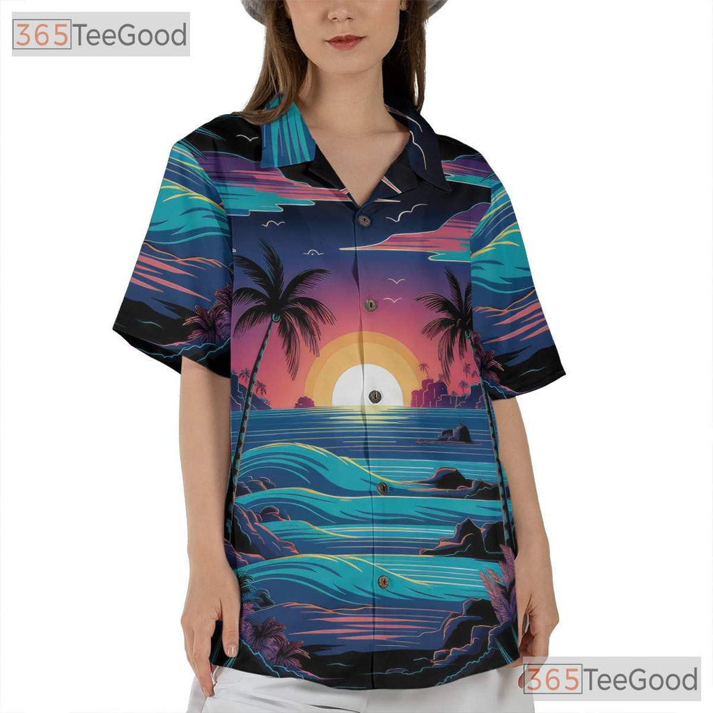 Palm Tree Sunset Beach Hawaiian Shirt - Retro Ocean Aloha Vibes Unisex Tee