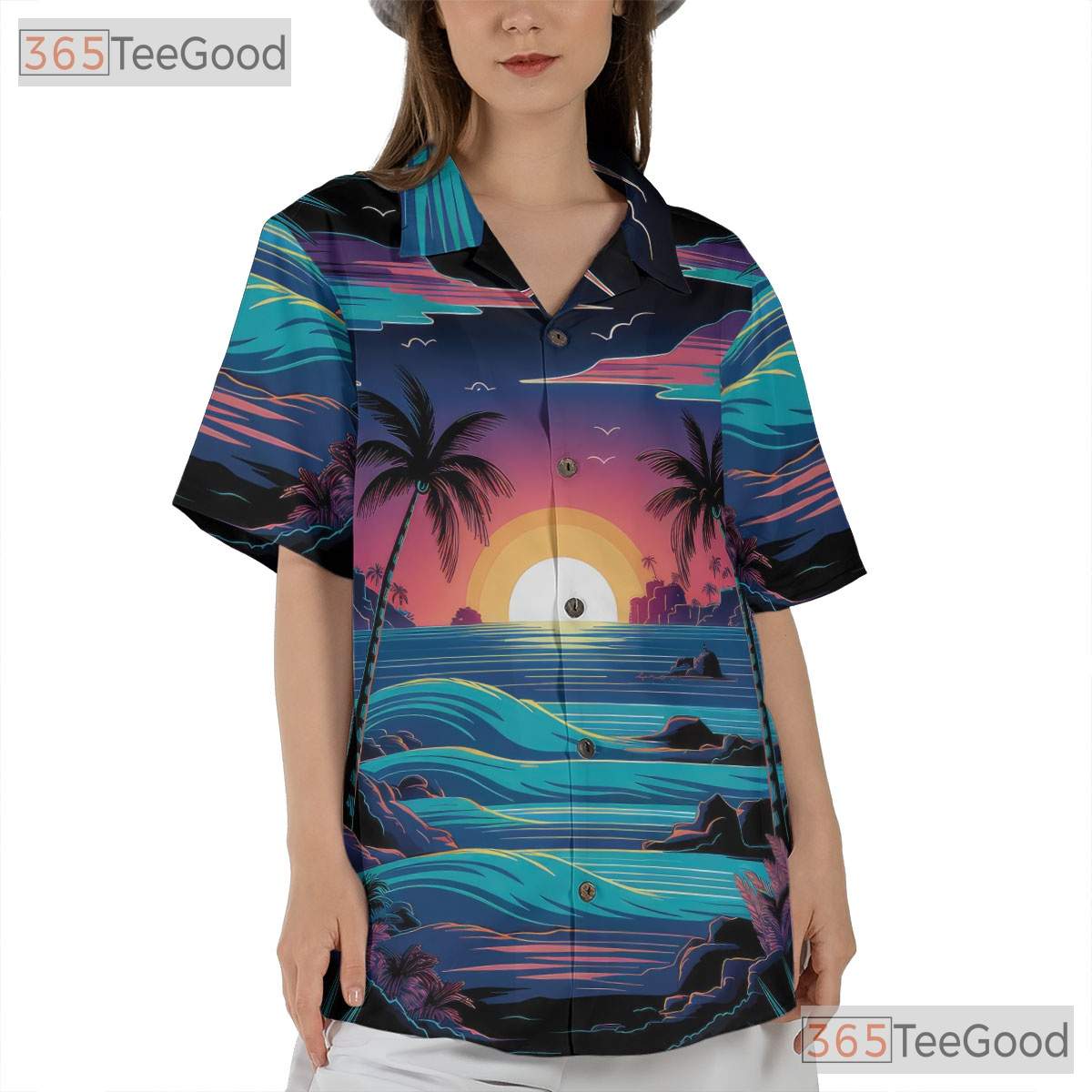 Palm Tree Sunset Beach Hawaiian Shirt - Retro Ocean Aloha Vibes Unisex Tee