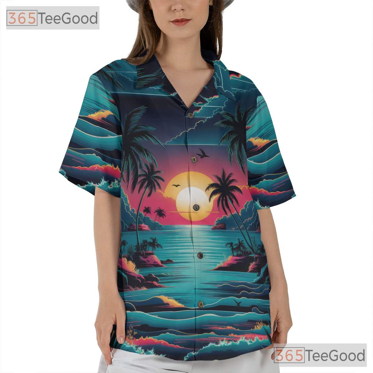 Sunset Beach Aesthetic Hawaiian Tee - Adult Tropical Palm Vacation Shirt