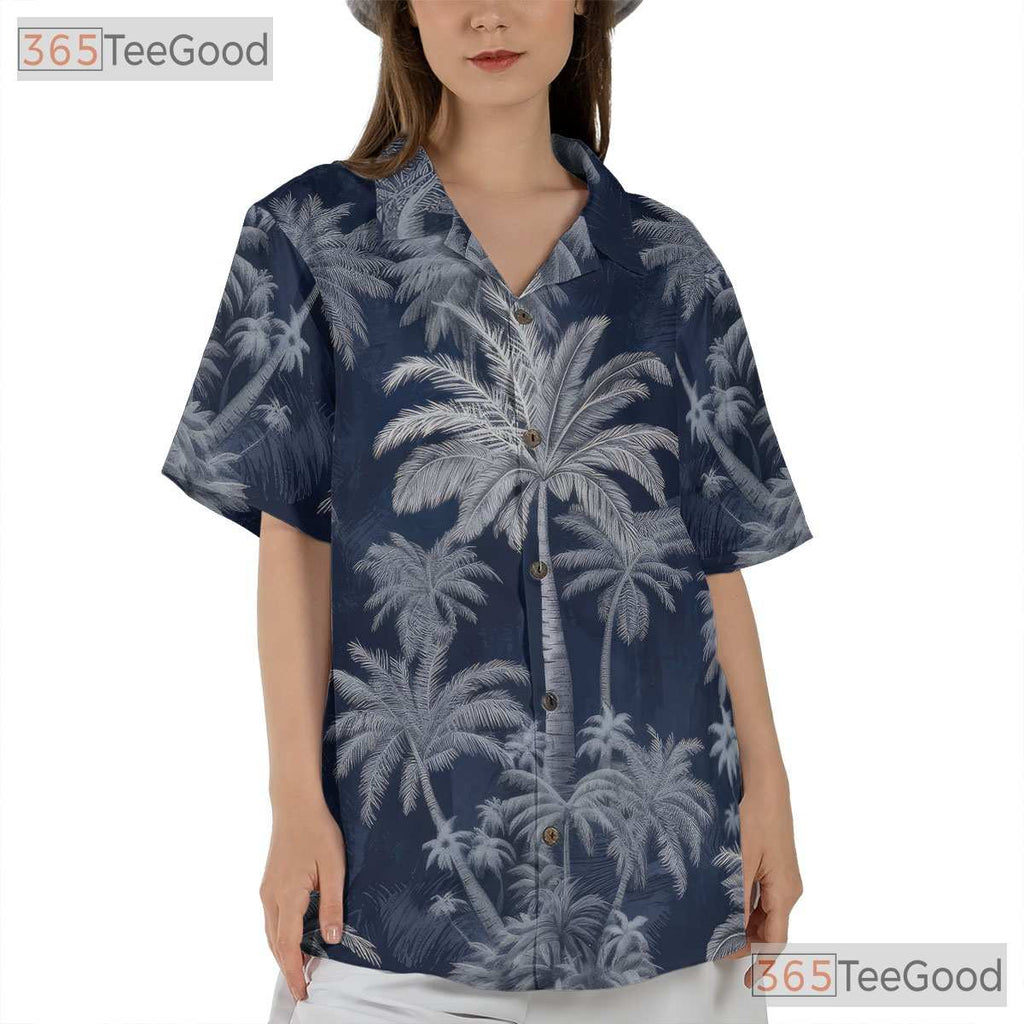 Navy Blue Palm Tree Hawaiian Shirt for Men - Aloha Beach Vacation Tee