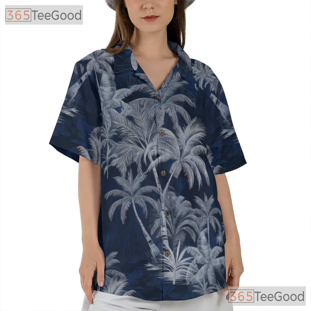 Navy Blue Tropical Island Hawaiian Tee - Unisex Palm Tree Summer Shirt