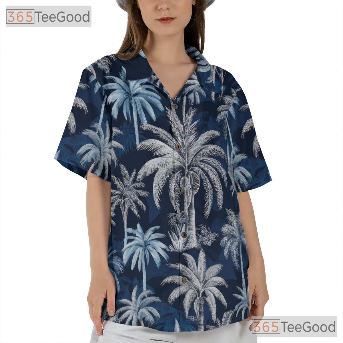 Women's Navy Palm Tree Hawaiian Shirt - Tropical Beach Casual Aloha Tee
