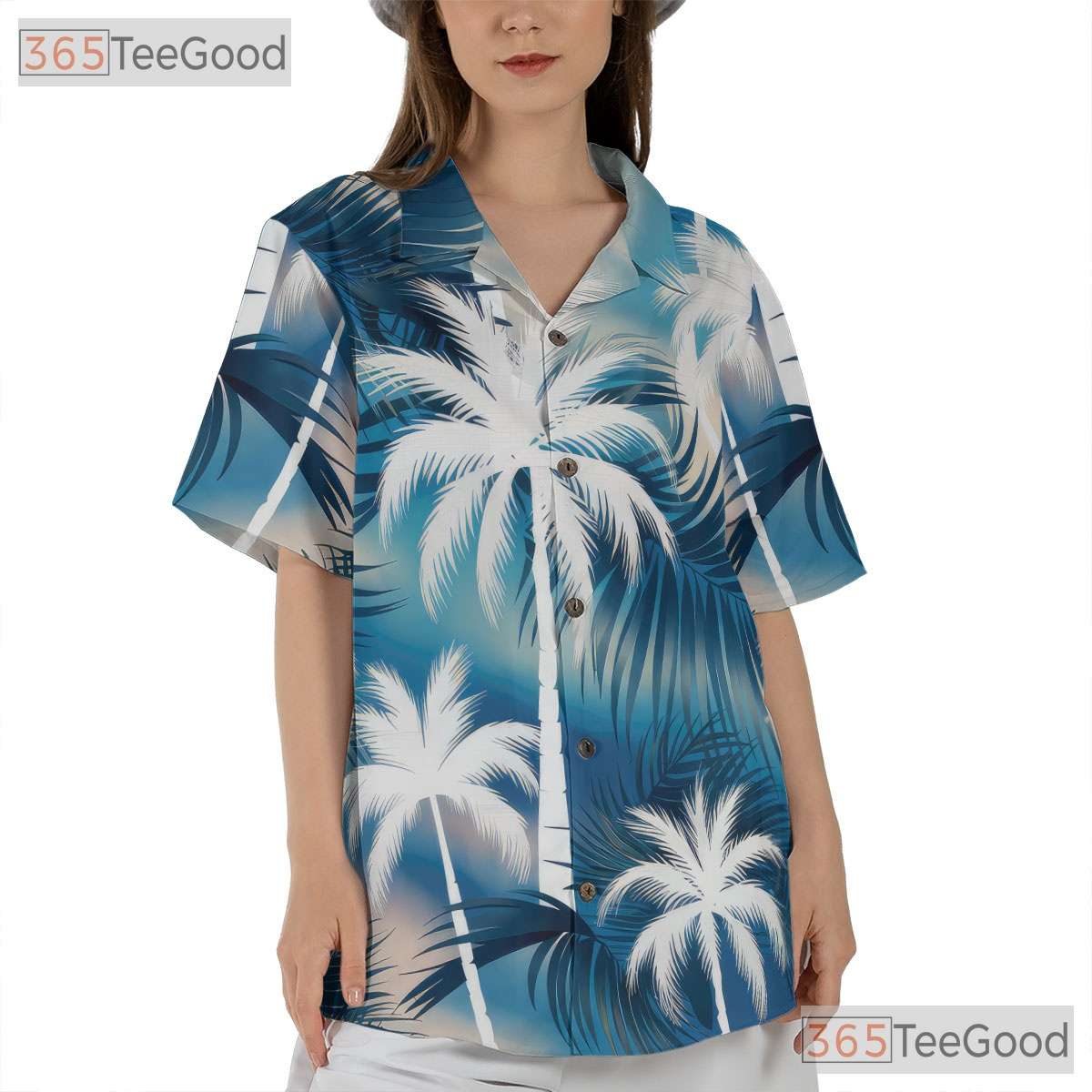 Sky Blue Tropical Aloha Hawaiian Tee - Women's Palm Tree Summer Outfit